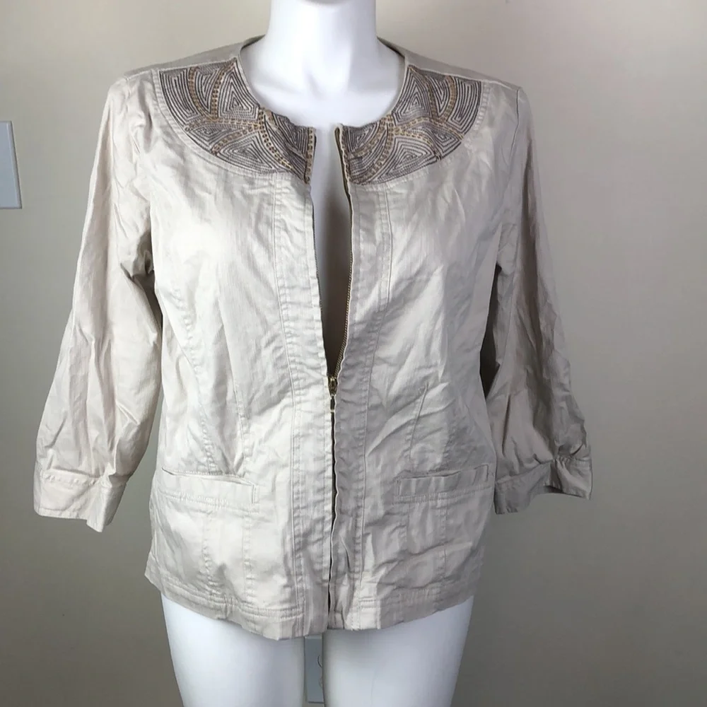 JM Collection Zip Front Stretch Denim Jacket Sequin